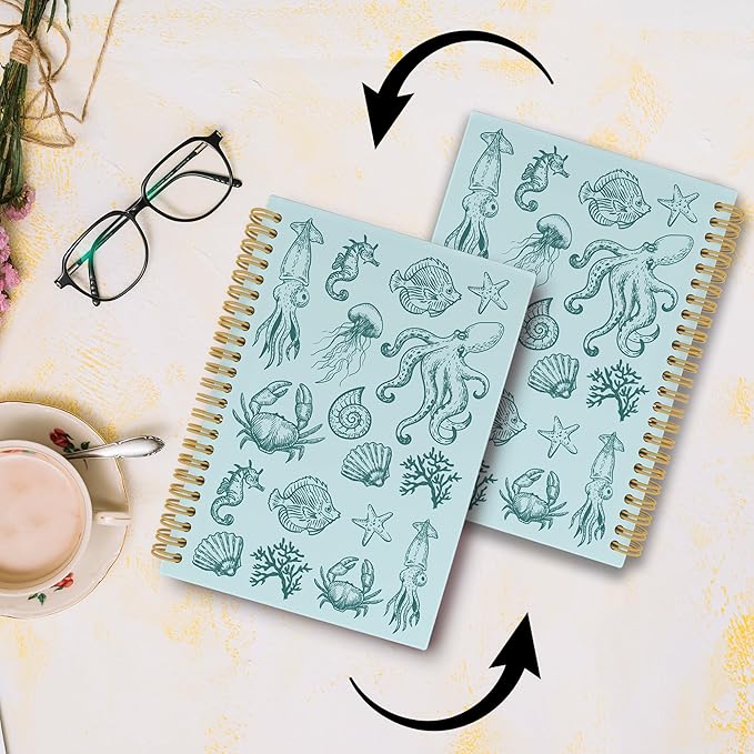 Blue Journal Notebook - Green Ocean Sea Life Coastal Themed Aesthetic Notebooks College Ruled for Office School Classroom, Gifts for Women Girls Kids, Hardcover Spiral Notebook 5.5"x8.3"