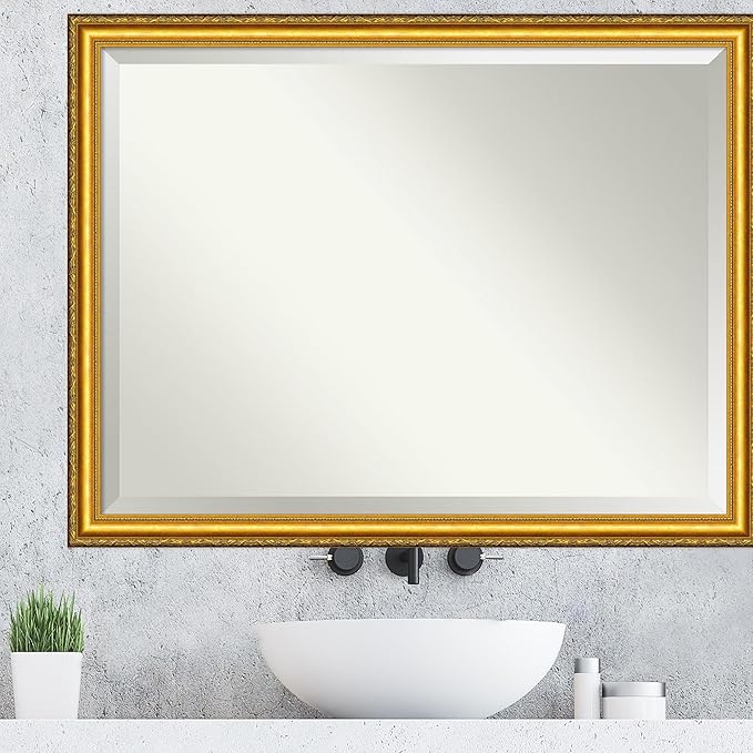 Amanti Art Gold Wall Mirror 34x44 Colonial Embossed Gold Rectangle Bathroom Mirror for Wall Decor Living Room, X-Large Traditional Wood Frame, Hangs Horizonally and Vertically, Bathroom Decor, Beveled