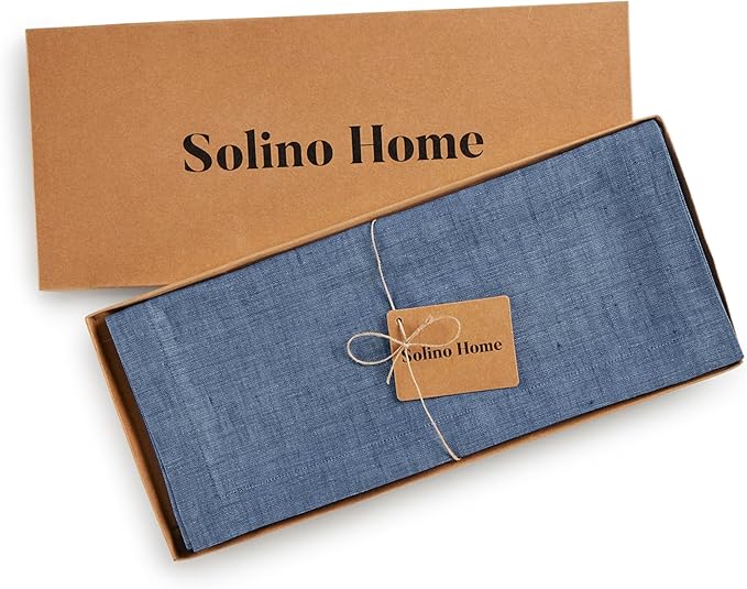 Solino Home Linen Table Runner 48 Inches - 100% Pure Linen Blue Denim Table Runner 14 x 48 Inch Ideal for Dresser and Coffee Tables - Athena, Winter, Spring, Easter