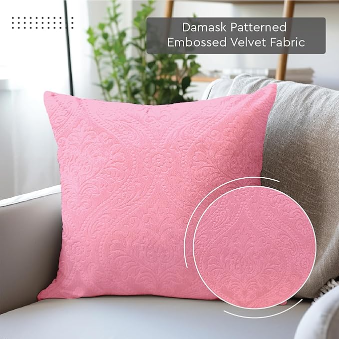 Encasa XO Luxury Embossed Velvet Cushion Covers - Plush Throw Pillow Covers for Elegant Living Rooms & Bedrooms, Machine Washable, 18x18 Pink | Set of 2 | Covers Only No Insert.