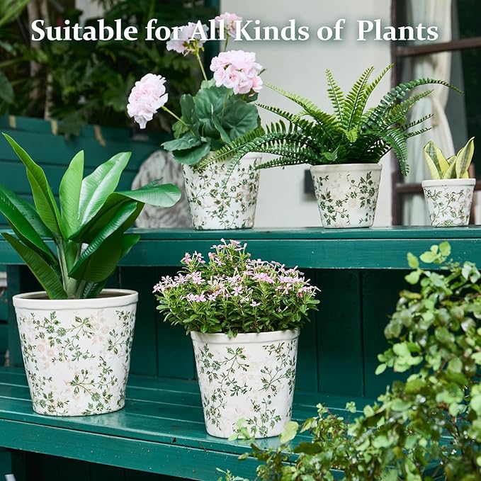 Ceramic Planter Without Drainage Hole, 6.7 Inch - Indoor/Outdoor Flower Pot for Orchids, Succulents, Green Floral Modern Farmhouse Design Plant Pot for Home,Office & Garden Décor, Ideal Gift