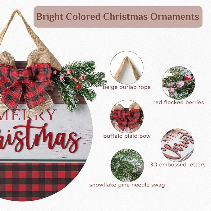 Christmas Sign for Front Door Wall Decor - Walasis Merry Christmas Signs Hanging for Indoor with Buffalo Plaid Bow Farmhouse 12 inch Red Xmas Wreath Hanger Decorations