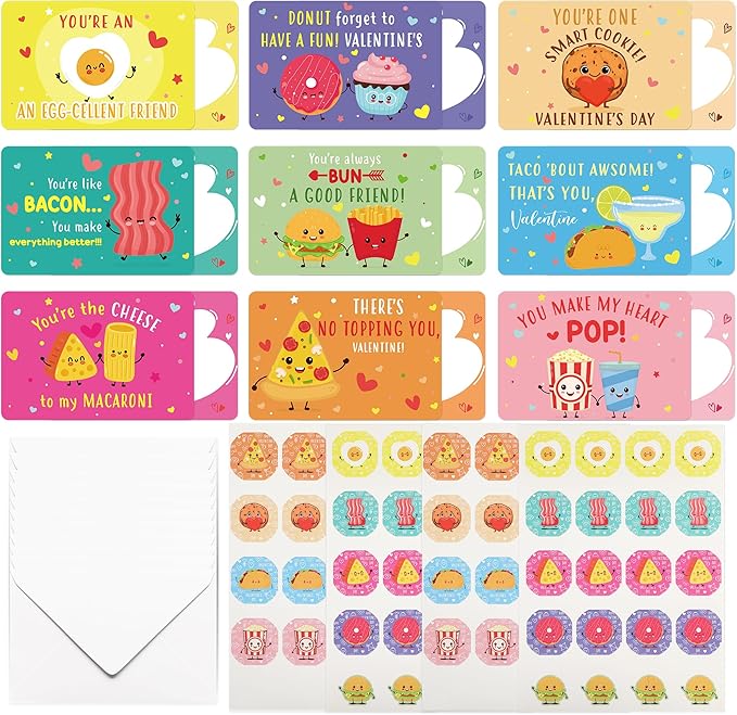 Valentines Day Cards for Kids Classroom, 36 Pcs Funny Food Exchange School Set with Stickers, Cute Snack Dessert Valentine Day Card Gifts for Kids Class Party Supplies