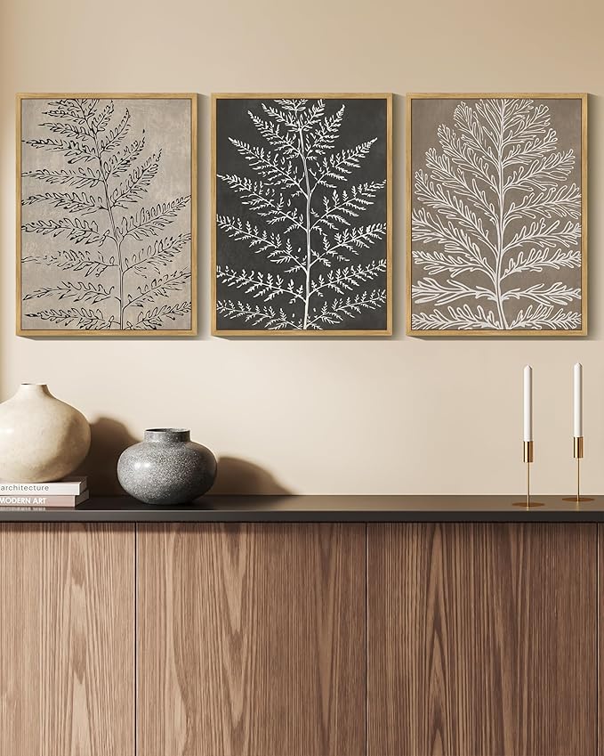 KUVIOKE Vintage Botanical Framed Wall Art Bohemian Tan Plant Leaf Wall Decor Nature Fern Plant Silhouette Wall Painting Home Decor 11x14in (Natural Framed)