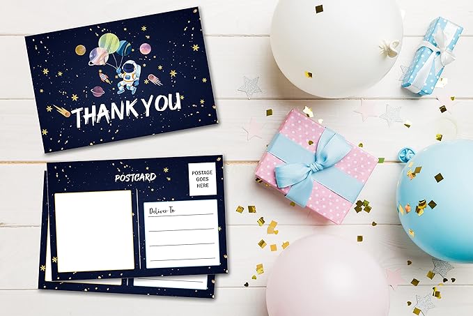 Birthday Thank You Postcards, Outer Space Theme, Astronaut Rocket Ship Thank You Cards for Kids Girls Boys Birthday Party, Baby Shower Party, Set of 20 (A04)