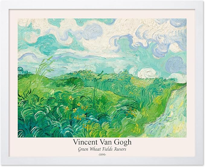 Monem Art Vintage Van Gogh Poster - Retro Green Wheat Fields Auvers Print - Impressionism Art - Fine Art - Landscape Art - Classic Painting Art - Great Living Room Decor - 16x20 White Framed