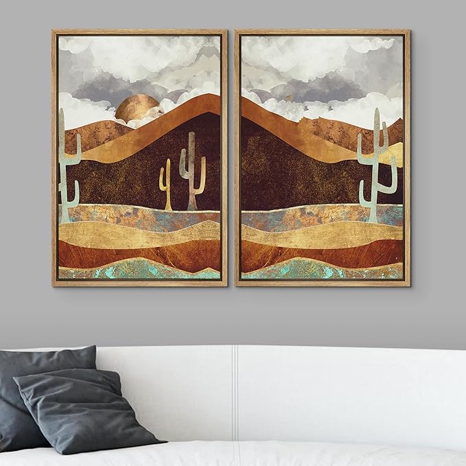 SIGNWIN Framed Canvas Print Wall Art Set Geometric Granite Desert Cactus Landscape Nature Wilderness Illustrations Modern Art Scenic Colorful for Living Room, Bedroom, Office - 24"x36"x2 Natural