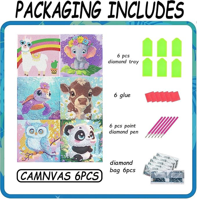 Acelii 6 Pack 5D Cow Diamond Painting Kits for Kids Beginners,Cute Animals DIY Diamond Art Kit for Kids,Full Round Drill Big Gem Art for Kid,Home Wall Decoration 6X6 inch