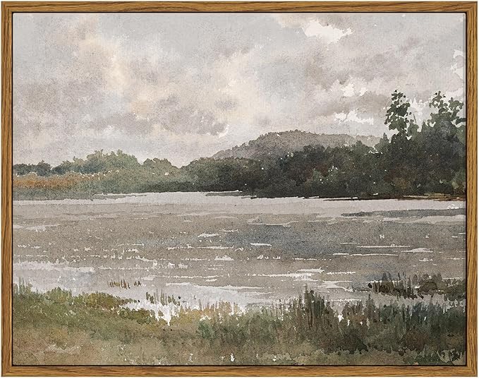 VIYYIEA Vintage Nature Framed Wall Art, Lakeside Landscape Paintings Art Decor Aesthetic, Canvas Print Artwork, Retro Scenery Wall Pictures for Bedroom Bathroom Office 11X14 Inch