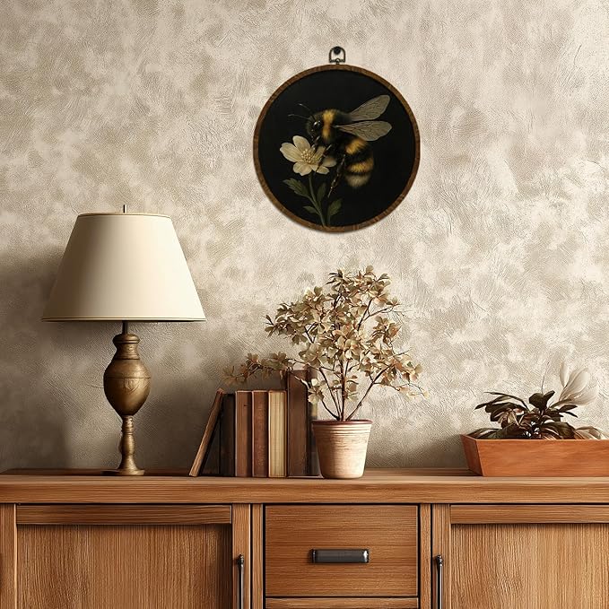 KLYTINK Vintage Bee Round Wall Art,Botanical InsectCanvas Prints with Frame, Bee Dark Floral Naturalist Decor for Kitchen, Study, or Bedroom(Bee-02)