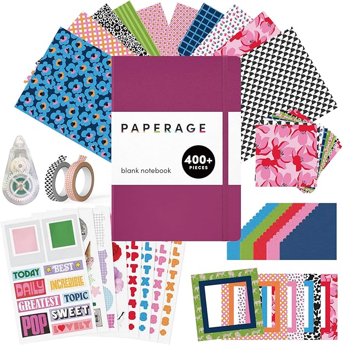 PAPERAGE Junk Journal & Scrapbook Kit, Hardcover Blank Journal Notebook, 20 Patterned Papers, 8 Sticker Sheets, 20 Die-Cut Shapes, 2 Washi Tapes & Tape Roller, Creative Journaling Supplies - Raspberry