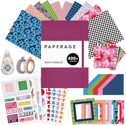 PAPERAGE Junk Journal & Scrapbook Kit, Hardcover Blank Journal Notebook, 20 Patterned Papers, 8 Sticker Sheets, 20 Die-Cut Shapes, 2 Washi Tapes & Tape Roller, Creative Journaling Supplies - Raspberry