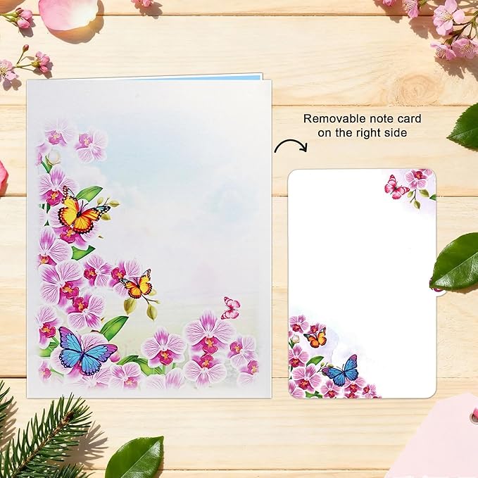 Greeting Card Purple Orchid with Butterflies 3D Pop-Up Cards Handmade Birthday Flower Gift for Women, Mom, Wife, Men 6x8 Inches Aniversary Wedding Christmas Gifts Floral