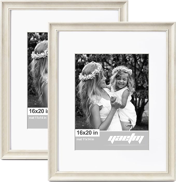 Yaetm 16x20 Picture Frame Matted to 11x14 Set of 2, 1.4" Wide Molding & Rustic White 16x20 Frames for Wall Gallery, Wall Mounting (2 pack, White)