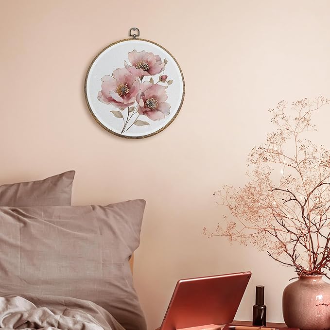 FUGWN Vintage Pink Floral Round Wall Art Decor Framed, Rustic Floral Canvas Artwork Prints, Farmhouse Cottagecore Botanical Flower Wall Hanging Decorations for Home Bedroom Living Room, 10x10 Inch