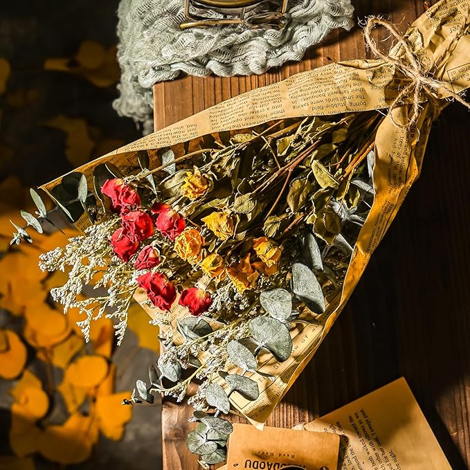 Dried Rose Flower Bouquet with Eucalyptus, Babies Breath Used for Home Farmhouse Decor, Table Decor Real Dried Flowers for vase, Gift for Mother Friend. 16.5 Inches