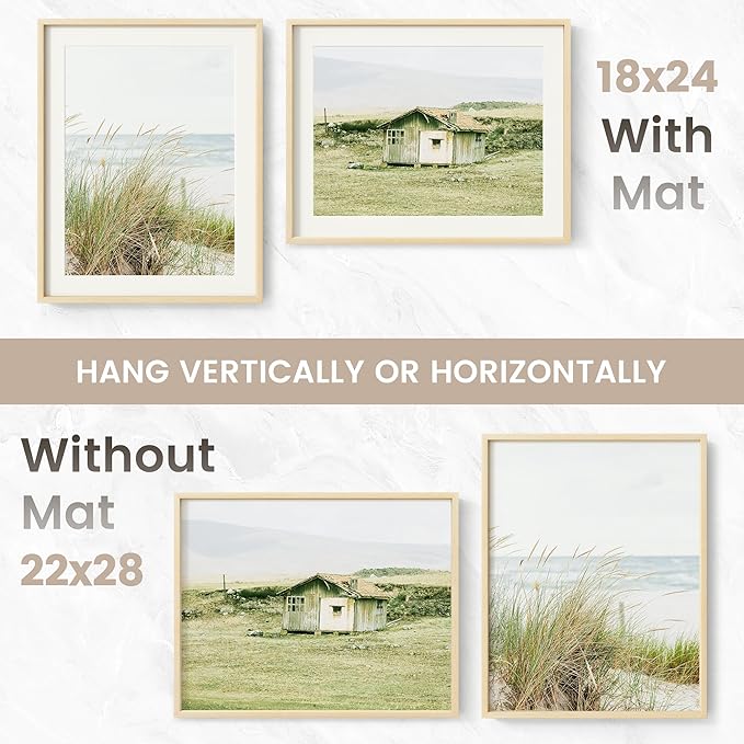 22x28 Poster Frame, USA-Sourced Natural Maple Wood Picture Collage Frame with HD Tempered Glass, Modern Simple 22 x 28 Wooden Photo Frame Matted to 18x24, Vertical & Horizontal Wall Hanging Display