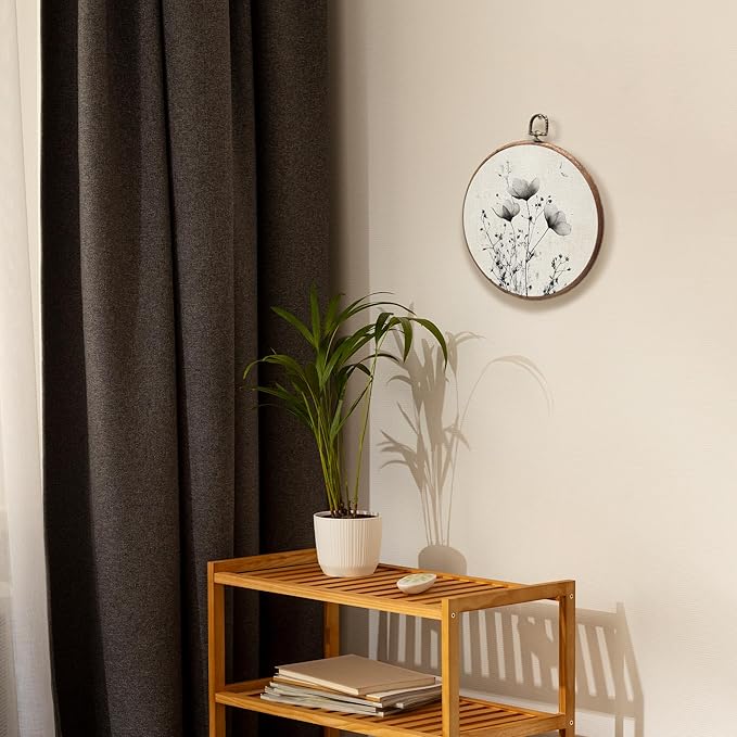 KSDUT Vintage Boho Mid Century Flower Floral Wall Decor Art - Black Botanical Neutral Wall Art Canvas Frame Hanging Prints, Retro Landscape Wildflower Round Wall Art Decor for Home Decorations 10"x10"