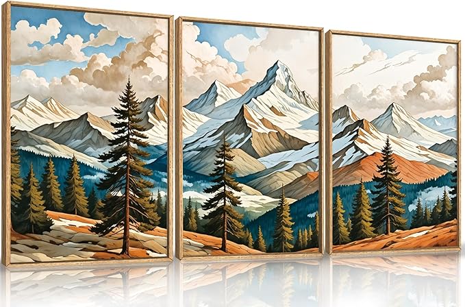 Large Woodcut Style Mountains Framed Canvas Wall Art,Vintage Pine Trees Wall Decor,Boho Natural Snow Ridge Artwork,Modern Woodland Landscape Art Print for Living Room,Bedroom,Office- 16"x24"x3