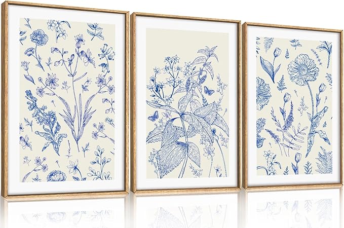 KAIRNE Blue and White Floral Wall Art Set of 3-16x24 Inch Chinoiserie Framed Canvas Art Prints, Navy Watercolor Botanical Flower Painting, Wildflower Decor for Living Room, Bedroom, Bathroom, Home