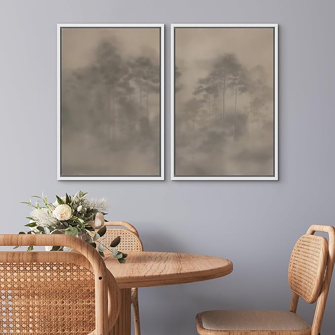 SIGNWIN Framed Canvas Print Wall Art Set Foggy Pine Forest Minimalist Monochrome Nature Illustrations Modern Art Scenic Colorful for Living Room, Bedroom, Office - 16"x24"x2 White