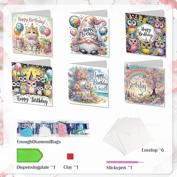 Ceitura 6Pcs DIY Diamond Art Painting Crafts Rhinestone Painting Greeting Card Making Kit Postcard for Holiday Christmas New Year Party Favors (Happy Birthday)