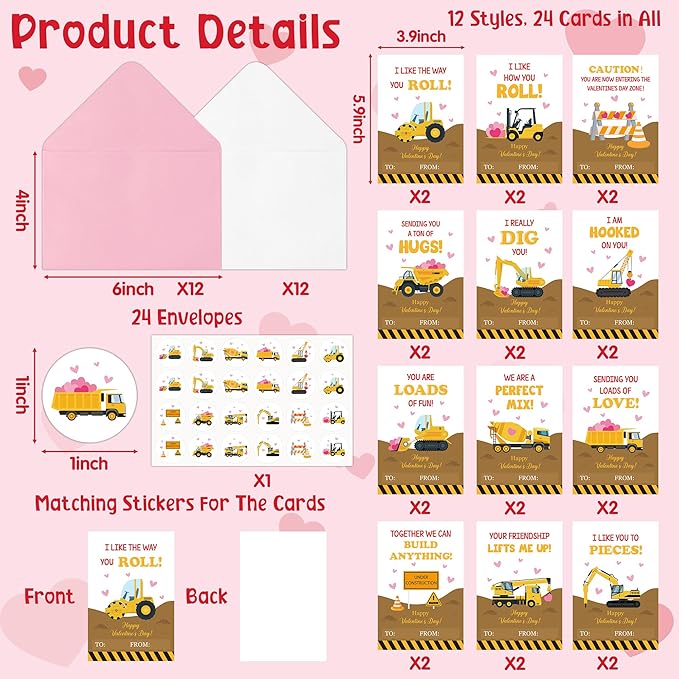 TICIAGA 72pcs Valentine’s Day Construction Truck Greeting Cards with Envelop and Sticker for Kid, 4 x 6 IN Excavator Notecard Exchange Gift for Boy Girl School Classroom Supply, Valentines Party Favor