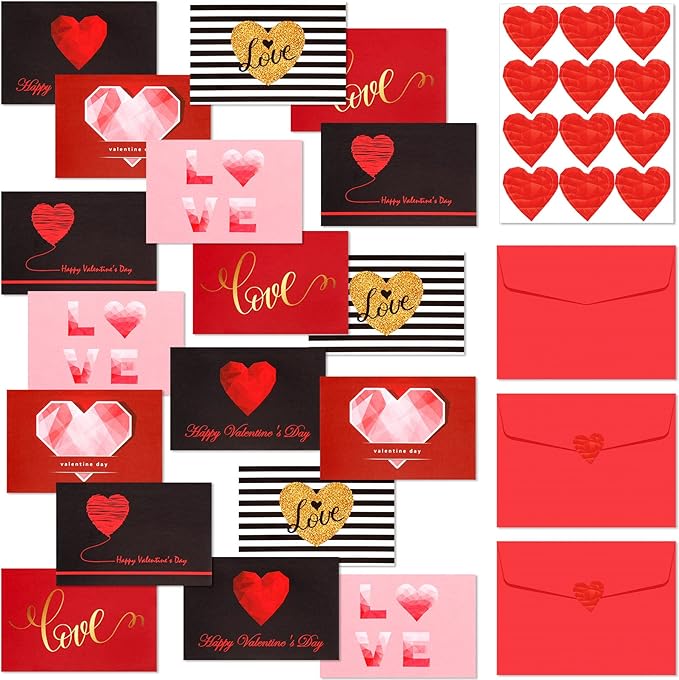 Yexiya 240 Sets Mini Valentine's Day Cards Assortment Bulk Love Heart Classroom Kids Greeting Foldable Wedding Flower Card with Envelopes and Stickers for Valentines Day