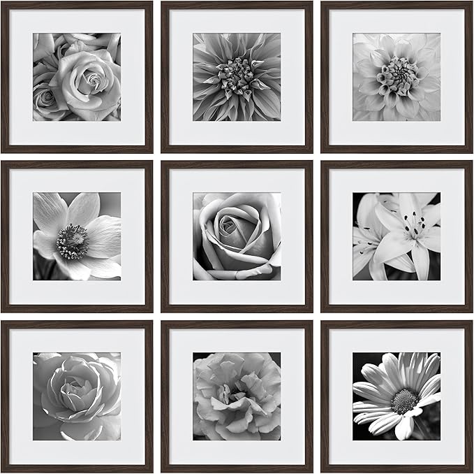 eletecpro 12x12 Picture Frames Set of 9 with Mat for 8x8 Photos or without Mat for 12x12, Square Gallery Wall Decor Collage for Picture Display, Walnut Brown Frame Set for Wall Hanging