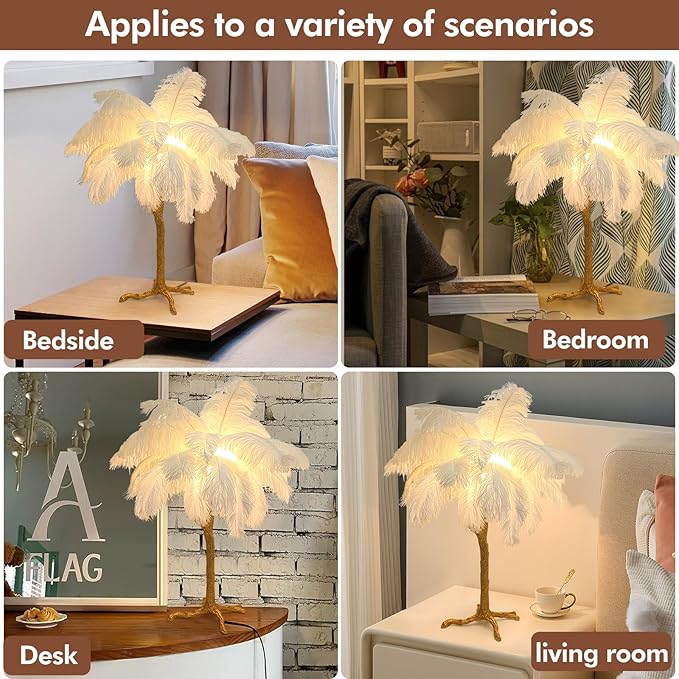 Chic White Feather Lamp Ostrich Feather Table Lamp Europe Bedside Fuzzy Lamp for Girl Romantic Wedding Gift Fluffy Desk Light G4*3 Bulb for Living Room Bedroom Entrytable Office Christmas