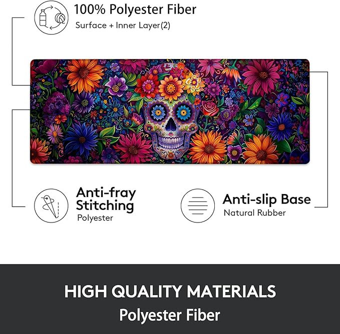 Day of The Dead Skull Gaming Mouse Pad, Mouse Pad, Desk Mat, Non-Slip Rubber Base MousePads for Computers Laptop Office School Home Accessories Decor Gifts 31.5" x 11.8"