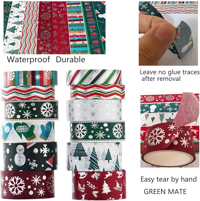 Christmas Holiday Washi Tape Set Xmas Winter Foil Washi Masking Tape Bullet Journal Kids Chirstmas Craft Supplies with Snowflake Tree Deer Striped, Perfect for Christmas Card Gift Wrapping 12 Rolls