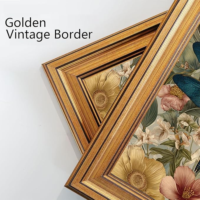 okudolit Gold Framed Dragonfly Canvas Wall Art Print Blue Insect Botanical Floral Painting Vintage Flower Picture Artwork Rustic Retro Nature Decor for Living Room Bedroom Office Home Decor 12x16in