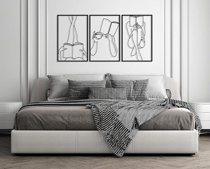 Set of 3 Bookish Metal One Line Art, Woman Reading Book, Minimal Artwork, Feminine Art, Aesthetic Room Decor, Book Lover Art, Above Bed Decor, Home Decor (Gold, 31.5 x 64.3” / 80 x 163.3 cm (total size))