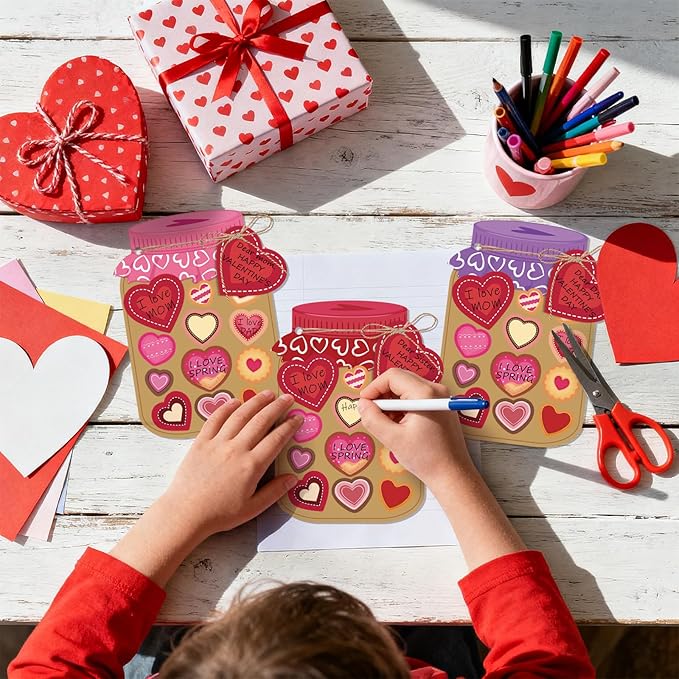 30 Sets Valentines Day Gift Cards Mason Jar Valentine Love Candy Jar Craft Kit with Heart Stickers Make Your Own Paper Greeting Card Decor Exchange Gift for Kids Mom Adults School Classroom Activity