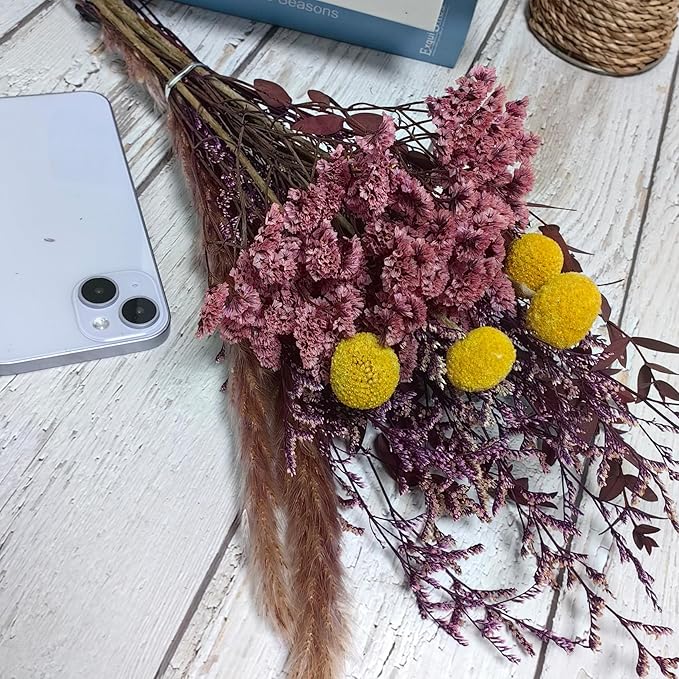 L'BREVOGA Dried Flower Bouquet - Caspia,Rose, Billy Ball, Gypsophila - 15 Inches, Unique Design (Purple)
