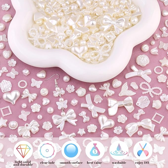 270-320PCS TINKRSTUFF Assorted Acrylic Beads,ABS Imitation Pearl Beads Cute Beads for Bracelet Making, Bow Kawaii Charms, Aesthetic Bead for Necklace Keychain Jewelry Making DIY Keychain Phone Charm