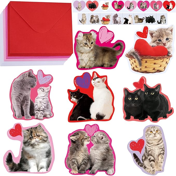 48 Sets Valentine's Day Cards Scratch & Sniff Strawberry Scented Valentine Cards Cat Kitten Pet Love Cards with Envelopes and Heart Stickers Tattoo for Kids Party Favor School Classroom Gift Exchange