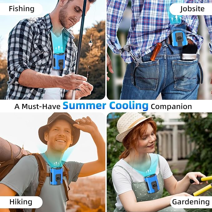 Picozon Portable Smart AI Fan, 9000 RPM Strong Airflow, Rechargeable 4 Speeds Hands-free Wearable Waist Clip Necklace Fan with 20H Non-Stop Cooling System for Outdoor, Hiking Jobsite Camping - Blue