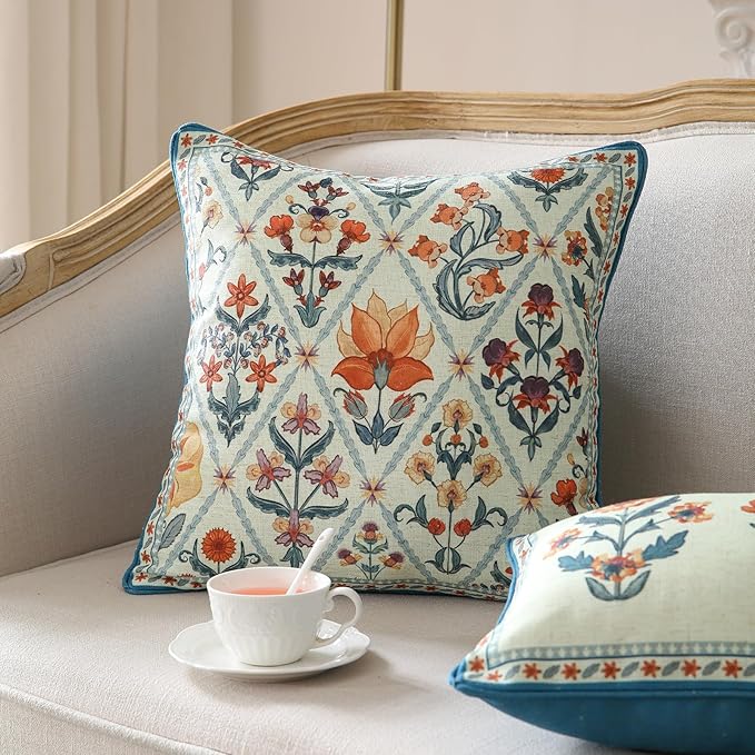 ISAENNE Design Linen Throw Pillow Covers Set of 4, Blue Country Cushion Covers with Colorful Wildflower Pattern Decor Lumbar Round Square Pillowcases for Bed,Living Room,Outdoor,Car