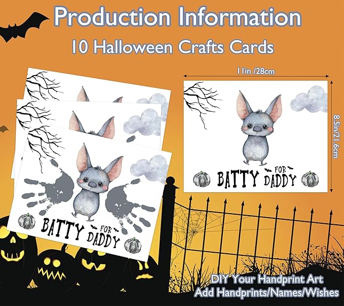 NZSXU Halloween Baby Handprint Craft Kit - Batty for Daddy, Baby First Halloween, DIY Newborn Hand and Foot Arts and Crafts for Nursery Decor, 10 Pack Bat Handprint Keepsake Gifts