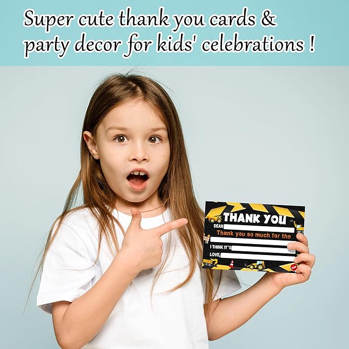 Construction Kids Thank You Cards, Excavator Crane Thank You Card For Birthday Party, Kids Birthday Cards Fill In The Blank, 20 Pack Greeting Cards With Envelopes For Boys And Girls, 012
