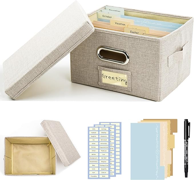 Greeting Card Organizer and Storage Box with 20 Pcs Adjustable Dividers, Storing Cards with 84 Pcs Labels Perfect for Storing Greeting Cards, Envelopes, Photos 1 Pack Beige