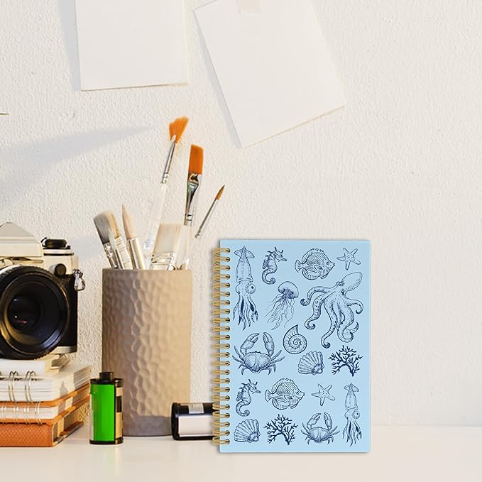 Blue Journal Notebook - Ocean Sea Life Coastal Themed Aesthetic Notebooks College Ruled for Office School Classroom, Gifts for Women Girls Kids, Hardcover Spiral Notebook 5.5"x8.3"