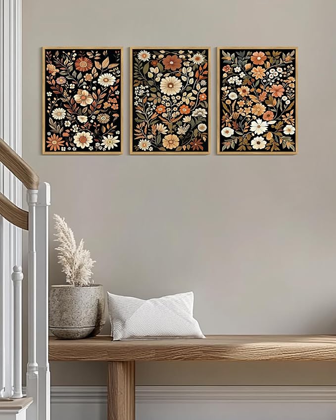KUVIOKE Orange Vintage Flower Framed Wall Art Boho Floral Wall Decor Retro Wildflower Modern Art Prints Bedroom Living Room Home Decor 11x14in (Natural Framed)