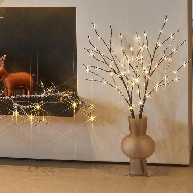 Hairui Lighted Willow Branches Snow Dusted Battery Operated with Timer, Tree Branch Lights 32IN 100 LED Fairy Lights for Home Bedroom Fireplace Thanksgiving Christmas Decor (Vase Excluded)