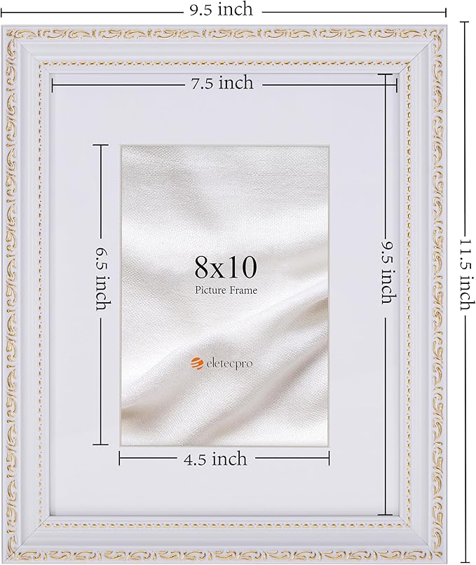 eletecpro 8x10 Picture Frames Set of 4, Vintage 8 x 10 Photo Frames with Glass, Display 5x7 Photo with Mat or 8x10 without Mat for Tabletop or Wall Decor, White