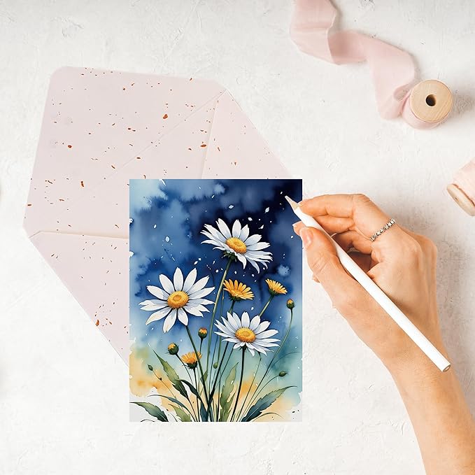 Elegant Blank Inside Greeting Card with Envelope, 5x7 Inch Watercolor Daisy Greeting Card for All Occasions - Birthday, Sympathy, Thank You - Single Card