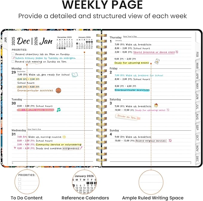 2026 Planner, Weekly and Monthly Calendar Planner for Women, Jan 2026 - Dec 2026, Hardcover Planning Agenda book with Tabs, Spiral Bound, Inner Pocket, Perfect for School Office Supplies, 6.3" x 8.5" - Colorful Blossoms