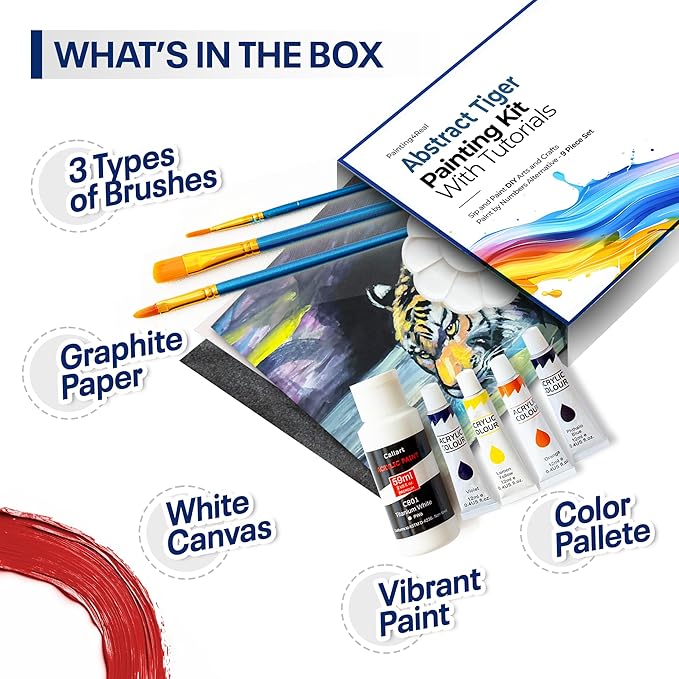 DIY Painting Kits for Adults and Kids with Video Tutorials: Learn How to Paint Abstract Tiger – Painting Set & Art Supplies Kit – 9 Piece Acrylic Paint Set